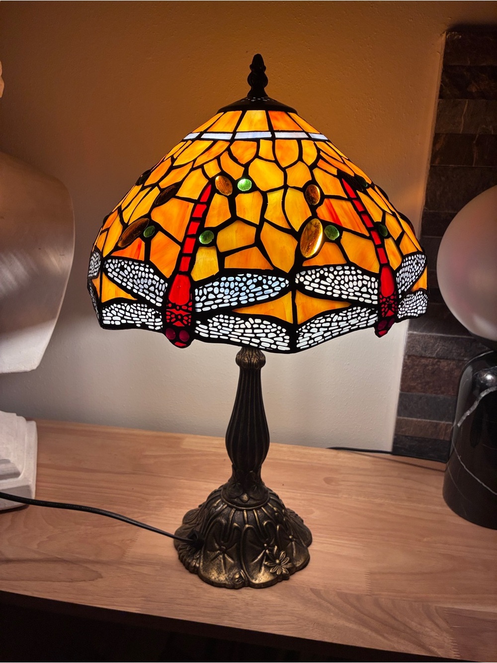 Tiffany Style Stained Glass Dragonfly Table Lamp - 19” tall; 12” diameter